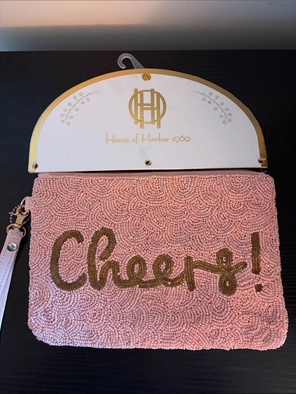 House of Harlow 1960 Pink Beaded 'Cheery!' Wristlet Clutch with Gold Script